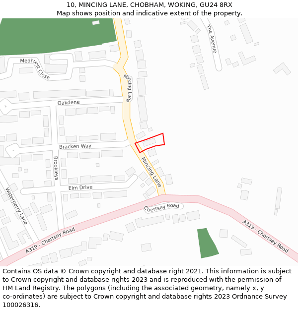 10, MINCING LANE, CHOBHAM, WOKING, GU24 8RX: Location map and indicative extent of plot