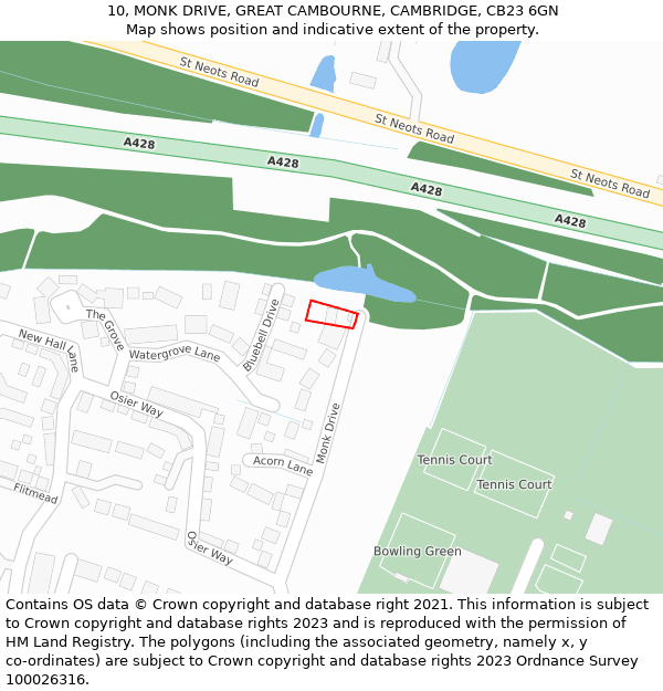 10, MONK DRIVE, GREAT CAMBOURNE, CAMBRIDGE, CB23 6GN: Location map and indicative extent of plot