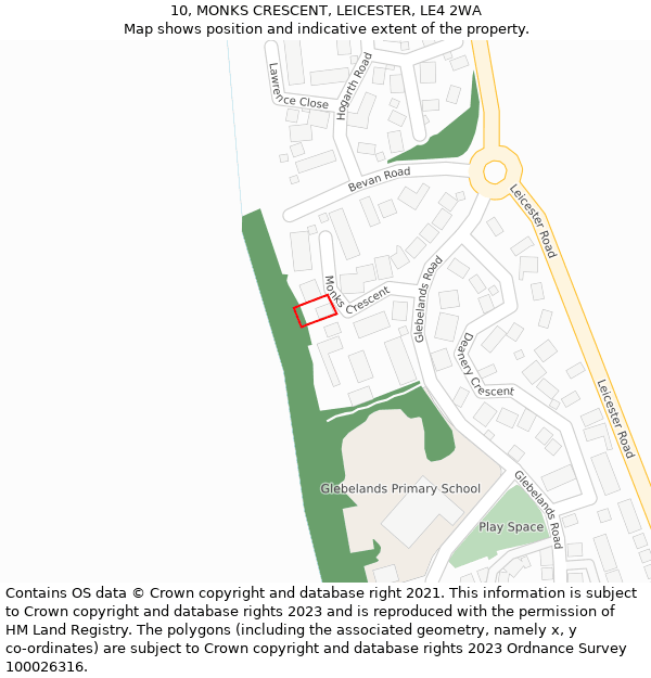 10, MONKS CRESCENT, LEICESTER, LE4 2WA: Location map and indicative extent of plot