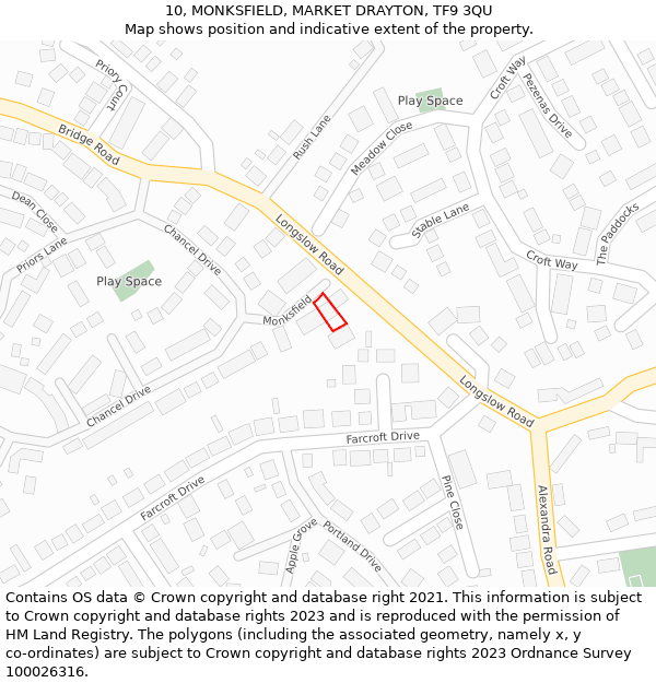 10, MONKSFIELD, MARKET DRAYTON, TF9 3QU: Location map and indicative extent of plot