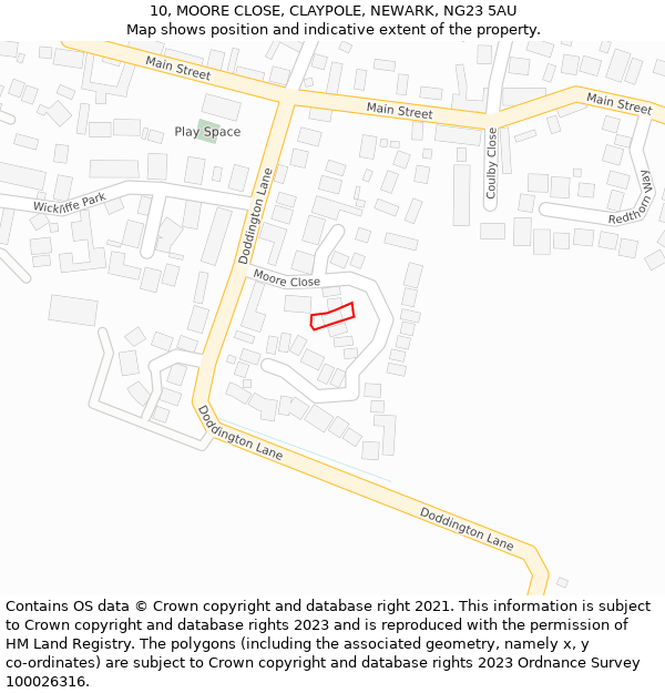 10, MOORE CLOSE, CLAYPOLE, NEWARK, NG23 5AU: Location map and indicative extent of plot