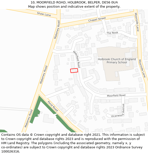 10, MOORFIELD ROAD, HOLBROOK, BELPER, DE56 0UA: Location map and indicative extent of plot