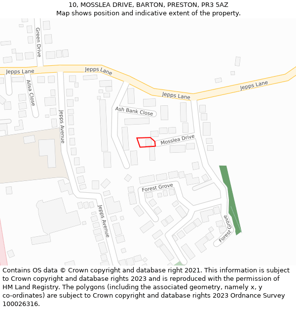 10, MOSSLEA DRIVE, BARTON, PRESTON, PR3 5AZ: Location map and indicative extent of plot