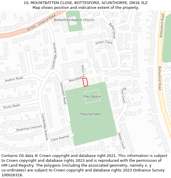 10, MOUNTBATTEN CLOSE, BOTTESFORD, SCUNTHORPE, DN16 3LZ: Location map and indicative extent of plot