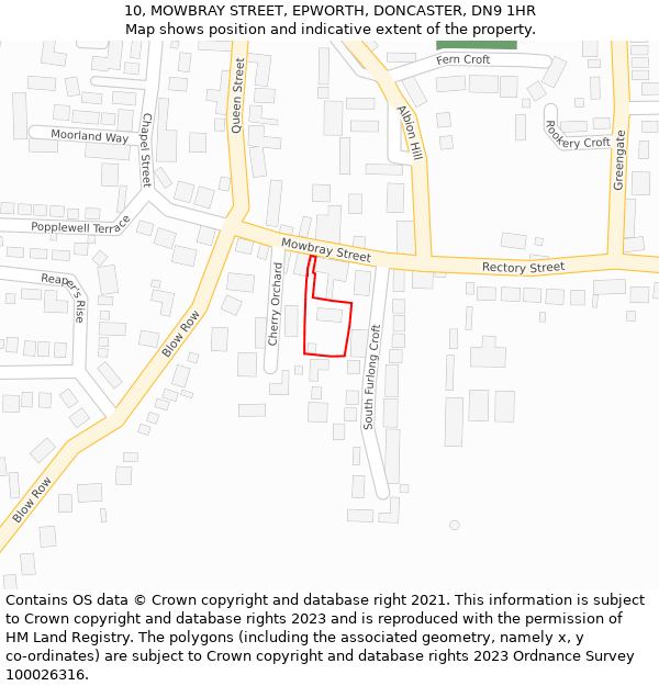 10, MOWBRAY STREET, EPWORTH, DONCASTER, DN9 1HR: Location map and indicative extent of plot