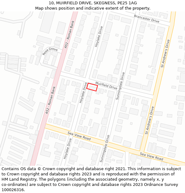 10, MUIRFIELD DRIVE, SKEGNESS, PE25 1AG: Location map and indicative extent of plot