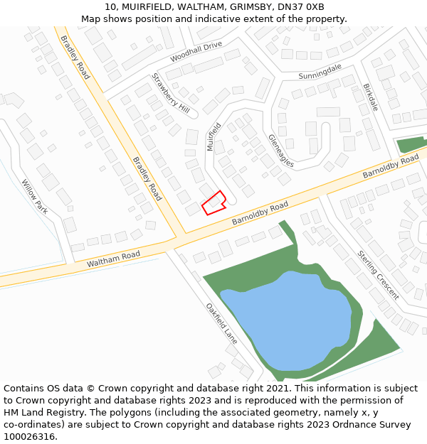 10, MUIRFIELD, WALTHAM, GRIMSBY, DN37 0XB: Location map and indicative extent of plot