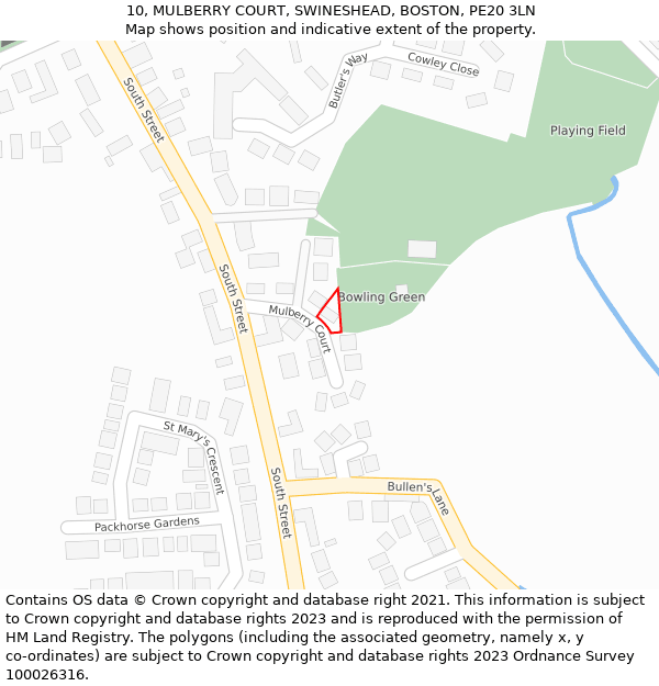 10, MULBERRY COURT, SWINESHEAD, BOSTON, PE20 3LN: Location map and indicative extent of plot