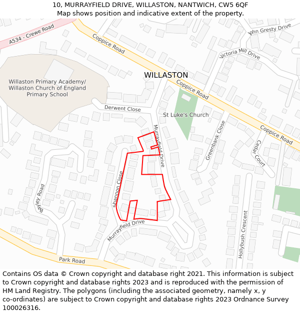 10, MURRAYFIELD DRIVE, WILLASTON, NANTWICH, CW5 6QF: Location map and indicative extent of plot