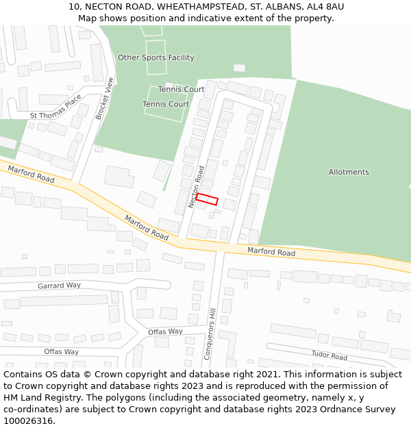 10, NECTON ROAD, WHEATHAMPSTEAD, ST. ALBANS, AL4 8AU: Location map and indicative extent of plot