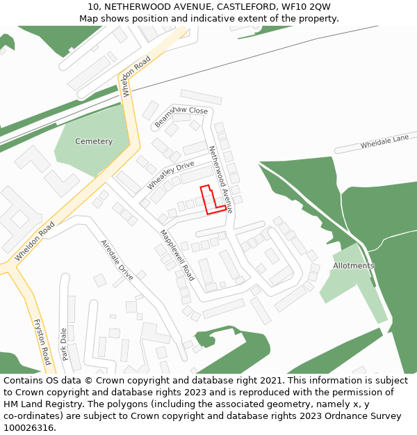 10, NETHERWOOD AVENUE, CASTLEFORD, WF10 2QW: Location map and indicative extent of plot