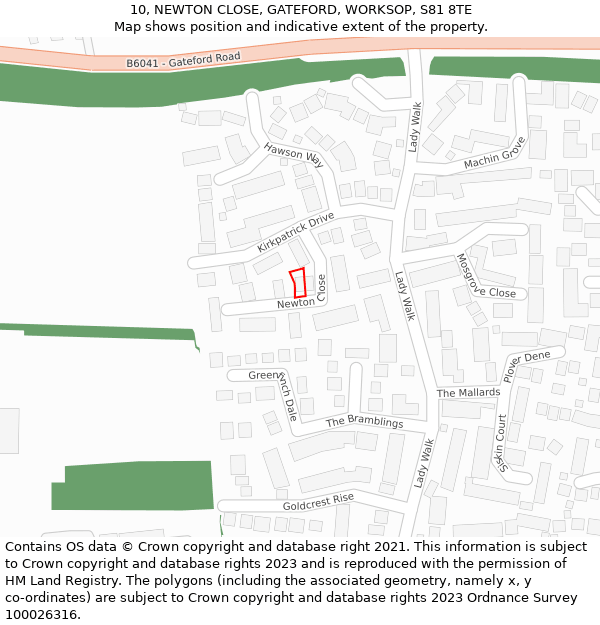 10, NEWTON CLOSE, GATEFORD, WORKSOP, S81 8TE: Location map and indicative extent of plot