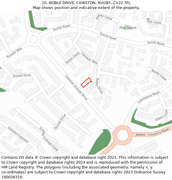 10, NOBLE DRIVE, CAWSTON, RUGBY, CV22 7FL: Location map and indicative extent of plot