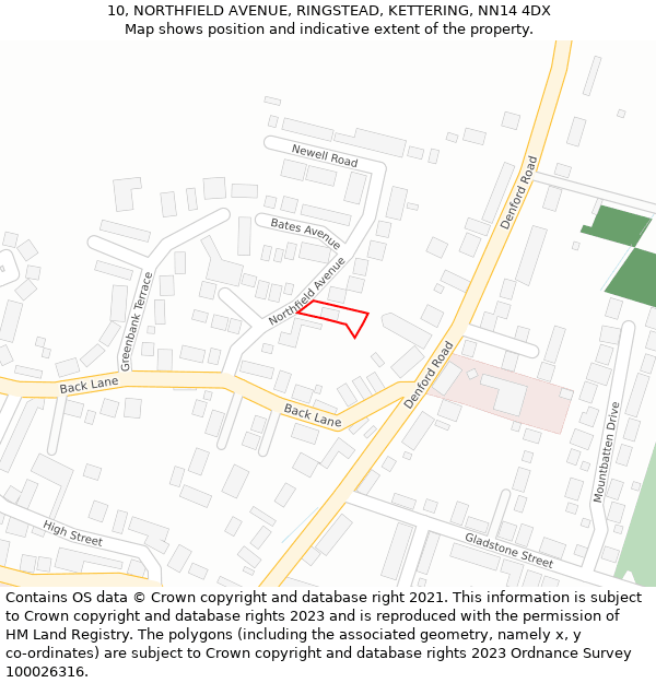 10, NORTHFIELD AVENUE, RINGSTEAD, KETTERING, NN14 4DX: Location map and indicative extent of plot