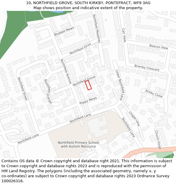 10, NORTHFIELD GROVE, SOUTH KIRKBY, PONTEFRACT, WF9 3AG: Location map and indicative extent of plot