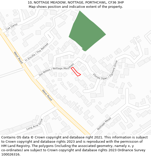 10, NOTTAGE MEADOW, NOTTAGE, PORTHCAWL, CF36 3HP: Location map and indicative extent of plot