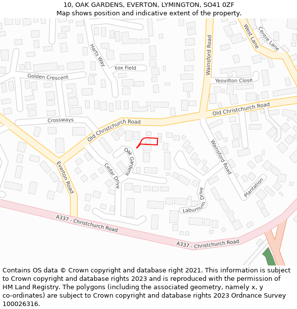 10, OAK GARDENS, EVERTON, LYMINGTON, SO41 0ZF: Location map and indicative extent of plot