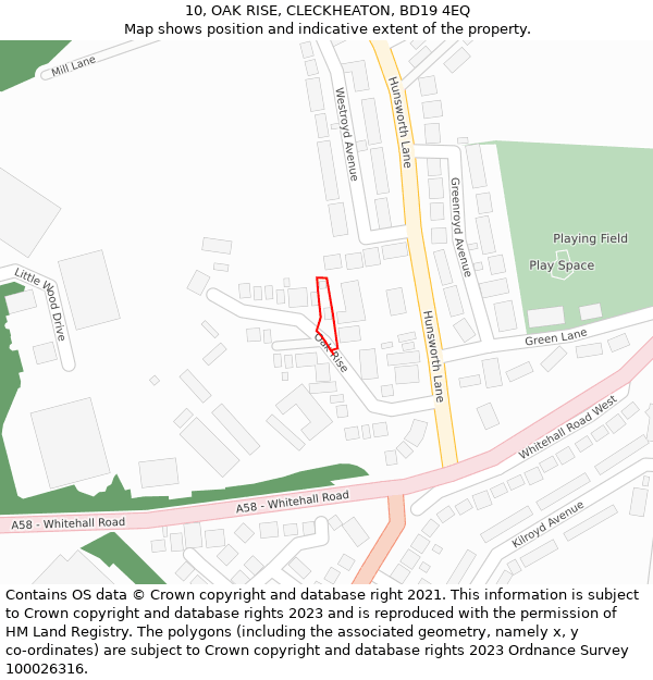 10, OAK RISE, CLECKHEATON, BD19 4EQ: Location map and indicative extent of plot