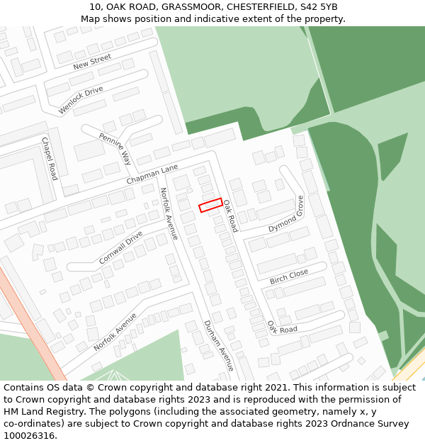 10, OAK ROAD, GRASSMOOR, CHESTERFIELD, S42 5YB: Location map and indicative extent of plot