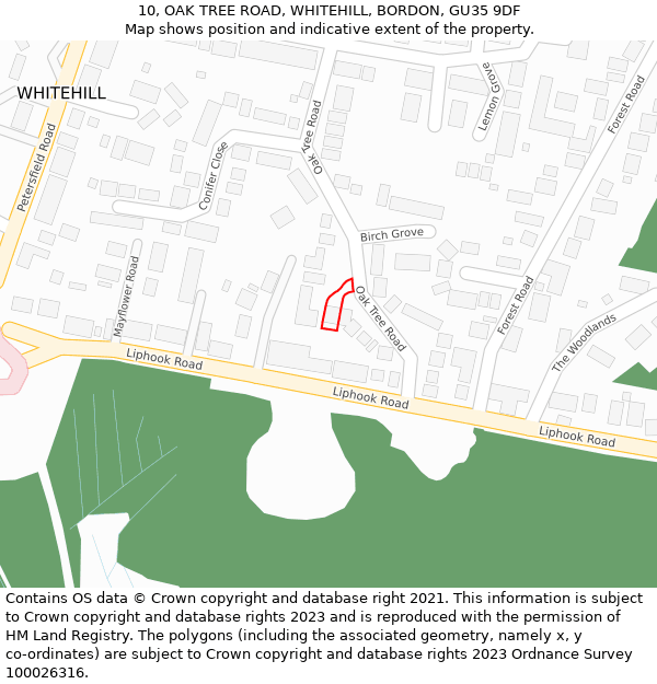 10, OAK TREE ROAD, WHITEHILL, BORDON, GU35 9DF: Location map and indicative extent of plot