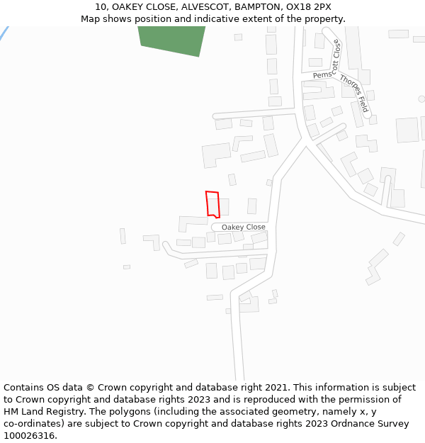 10, OAKEY CLOSE, ALVESCOT, BAMPTON, OX18 2PX: Location map and indicative extent of plot