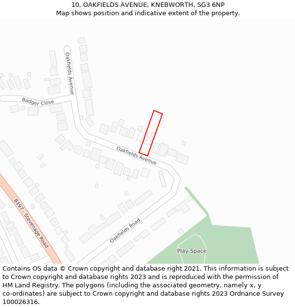 10, OAKFIELDS AVENUE, KNEBWORTH, SG3 6NP: Location map and indicative extent of plot