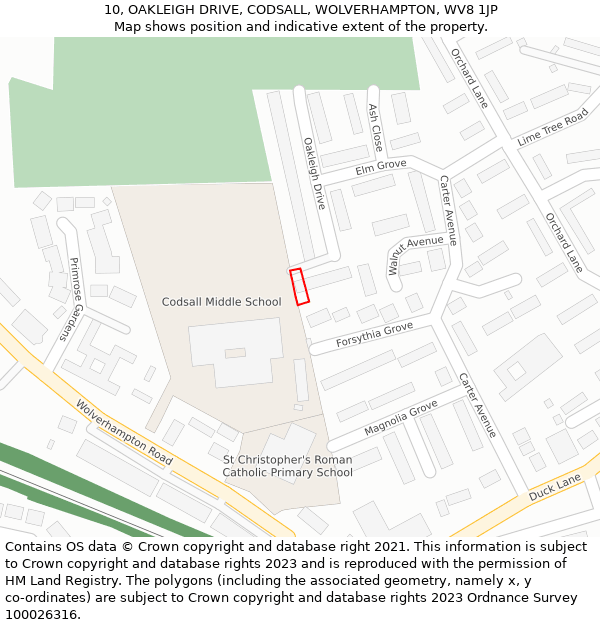 10, OAKLEIGH DRIVE, CODSALL, WOLVERHAMPTON, WV8 1JP: Location map and indicative extent of plot