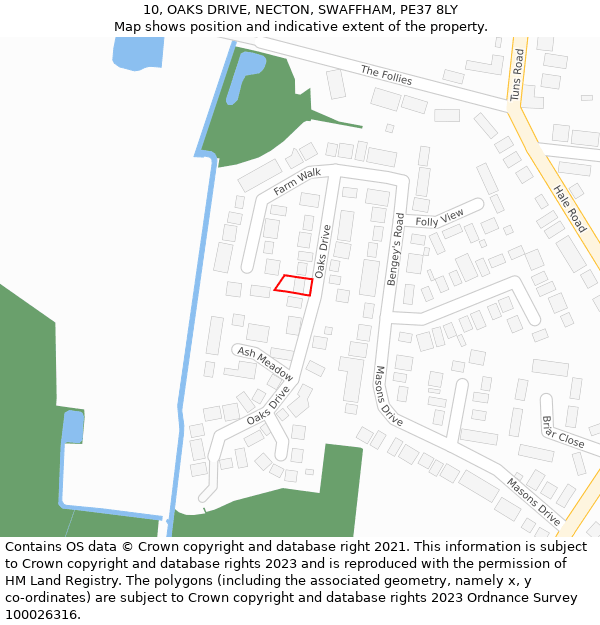 10, OAKS DRIVE, NECTON, SWAFFHAM, PE37 8LY: Location map and indicative extent of plot