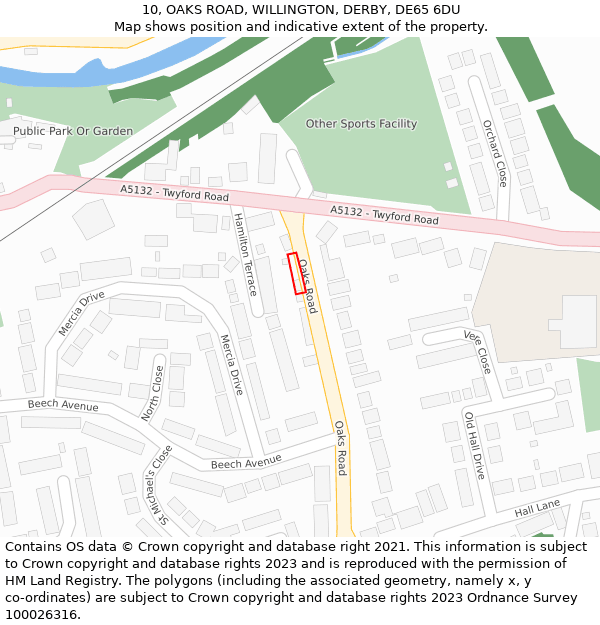 10, OAKS ROAD, WILLINGTON, DERBY, DE65 6DU: Location map and indicative extent of plot