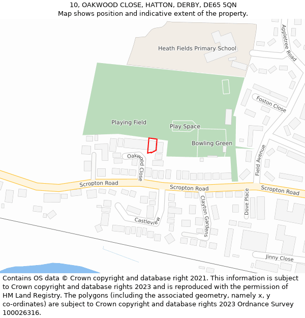 10, OAKWOOD CLOSE, HATTON, DERBY, DE65 5QN: Location map and indicative extent of plot