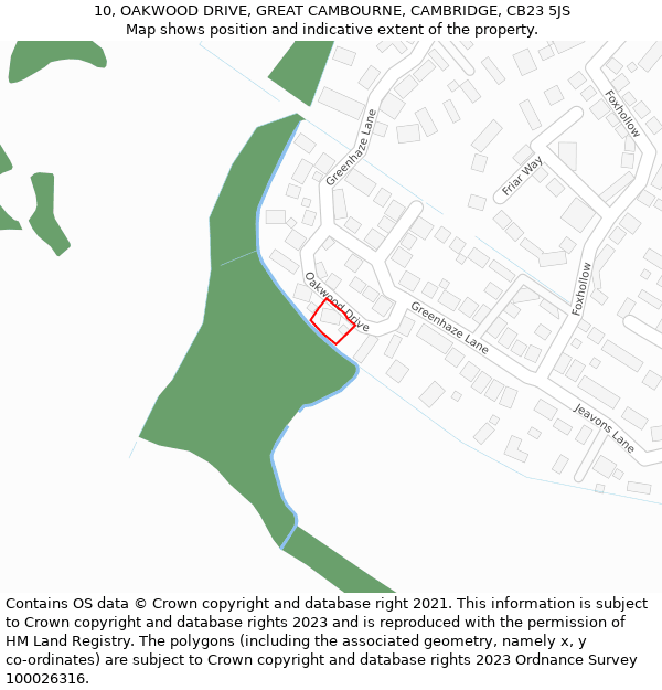 10, OAKWOOD DRIVE, GREAT CAMBOURNE, CAMBRIDGE, CB23 5JS: Location map and indicative extent of plot