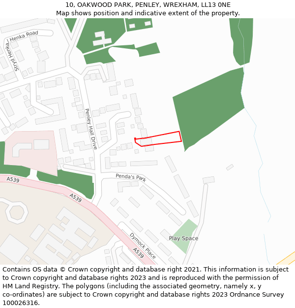 10, OAKWOOD PARK, PENLEY, WREXHAM, LL13 0NE: Location map and indicative extent of plot