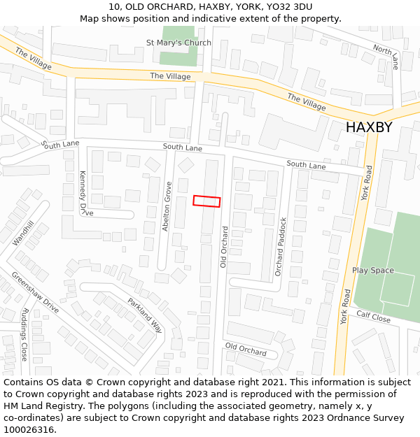 10, OLD ORCHARD, HAXBY, YORK, YO32 3DU: Location map and indicative extent of plot