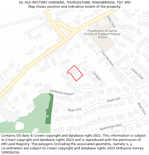 10, OLD RECTORY GARDENS, THURLESTONE, KINGSBRIDGE, TQ7 3PD: Location map and indicative extent of plot