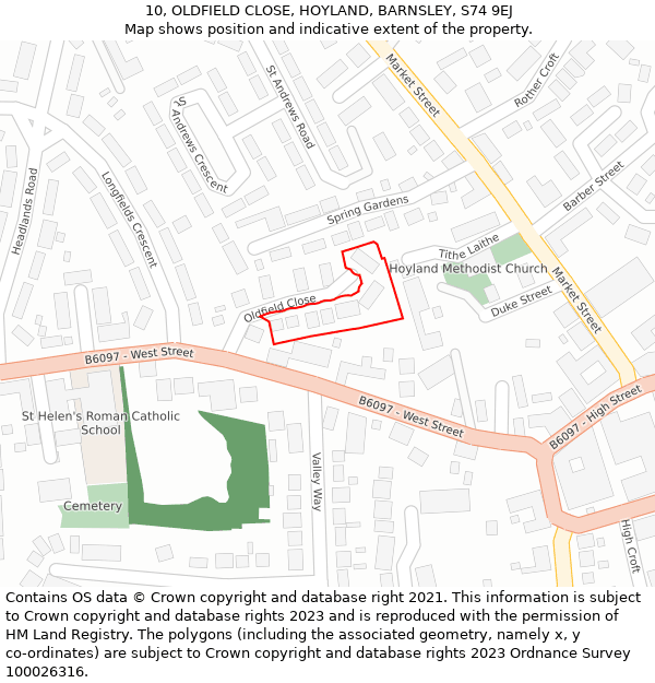 10, OLDFIELD CLOSE, HOYLAND, BARNSLEY, S74 9EJ: Location map and indicative extent of plot