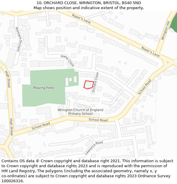 10, ORCHARD CLOSE, WRINGTON, BRISTOL, BS40 5ND: Location map and indicative extent of plot