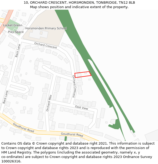 10, ORCHARD CRESCENT, HORSMONDEN, TONBRIDGE, TN12 8LB: Location map and indicative extent of plot