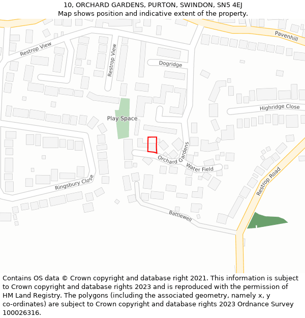 10, ORCHARD GARDENS, PURTON, SWINDON, SN5 4EJ: Location map and indicative extent of plot