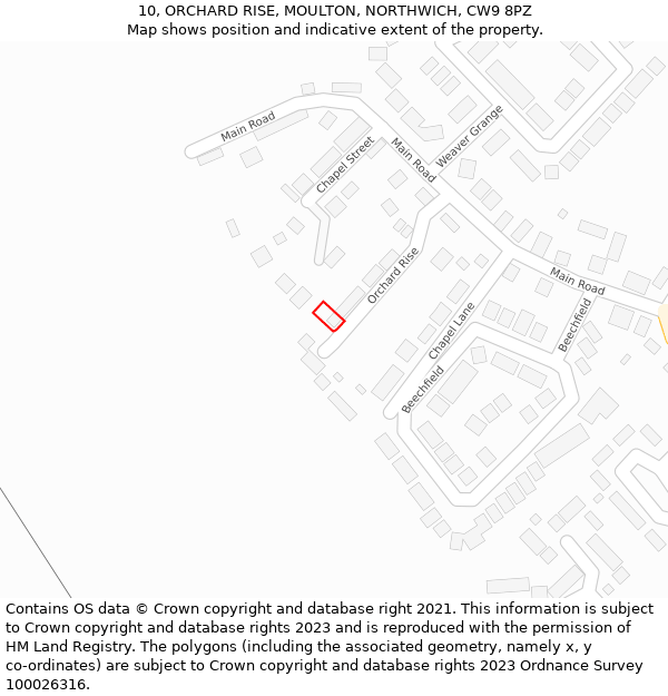 10, ORCHARD RISE, MOULTON, NORTHWICH, CW9 8PZ: Location map and indicative extent of plot