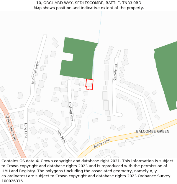 10, ORCHARD WAY, SEDLESCOMBE, BATTLE, TN33 0RD: Location map and indicative extent of plot