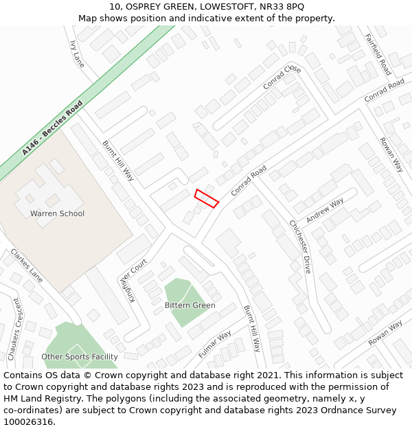 10, OSPREY GREEN, LOWESTOFT, NR33 8PQ: Location map and indicative extent of plot