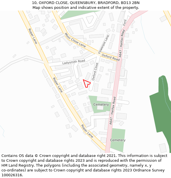 10, OXFORD CLOSE, QUEENSBURY, BRADFORD, BD13 2BN: Location map and indicative extent of plot