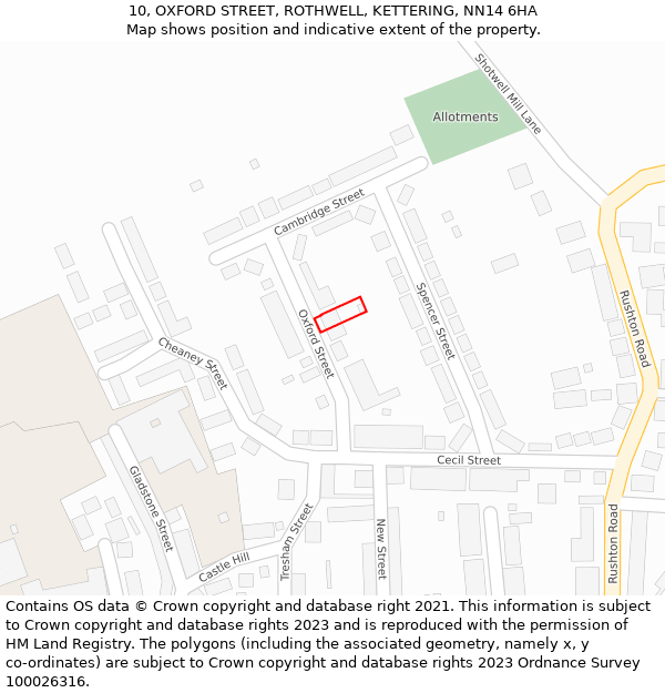 10, OXFORD STREET, ROTHWELL, KETTERING, NN14 6HA: Location map and indicative extent of plot