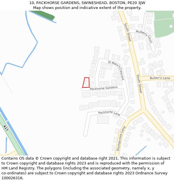 10, PACKHORSE GARDENS, SWINESHEAD, BOSTON, PE20 3JW: Location map and indicative extent of plot