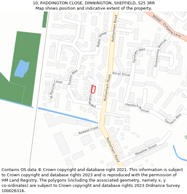 10, PADDINGTON CLOSE, DINNINGTON, SHEFFIELD, S25 3RR: Location map and indicative extent of plot