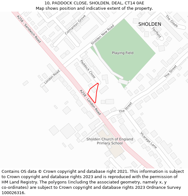 10, PADDOCK CLOSE, SHOLDEN, DEAL, CT14 0AE: Location map and indicative extent of plot