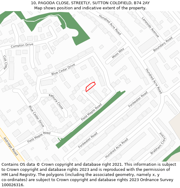 10, PAGODA CLOSE, STREETLY, SUTTON COLDFIELD, B74 2AY: Location map and indicative extent of plot