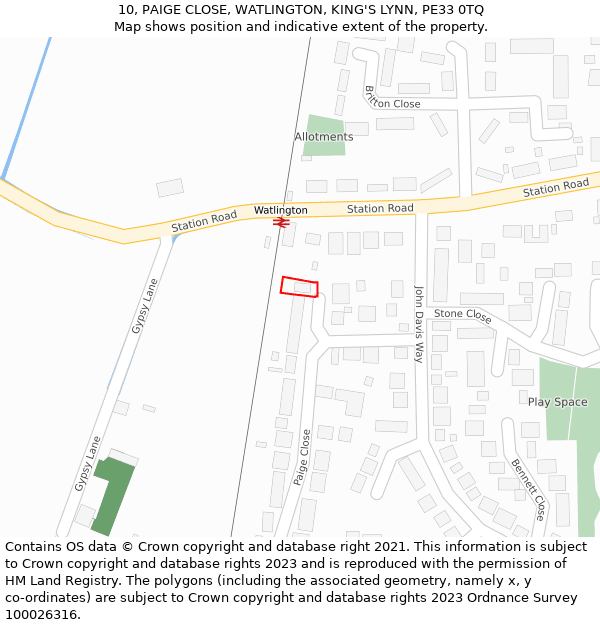 10, PAIGE CLOSE, WATLINGTON, KING'S LYNN, PE33 0TQ: Location map and indicative extent of plot