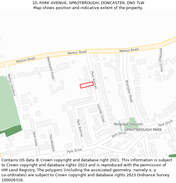 10, PARK AVENUE, SPROTBROUGH, DONCASTER, DN5 7LW: Location map and indicative extent of plot