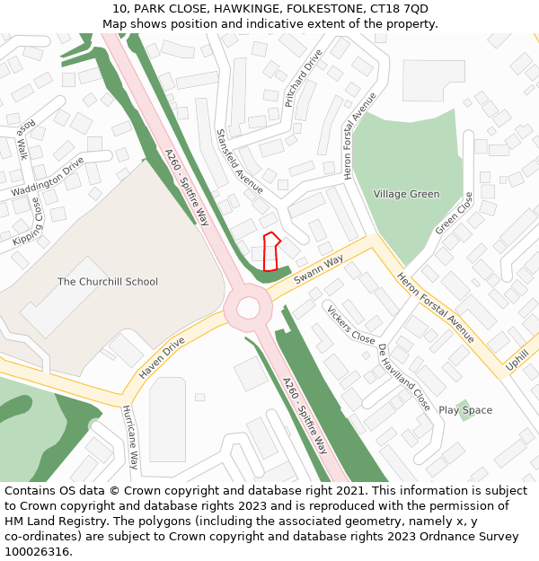 10, PARK CLOSE, HAWKINGE, FOLKESTONE, CT18 7QD: Location map and indicative extent of plot